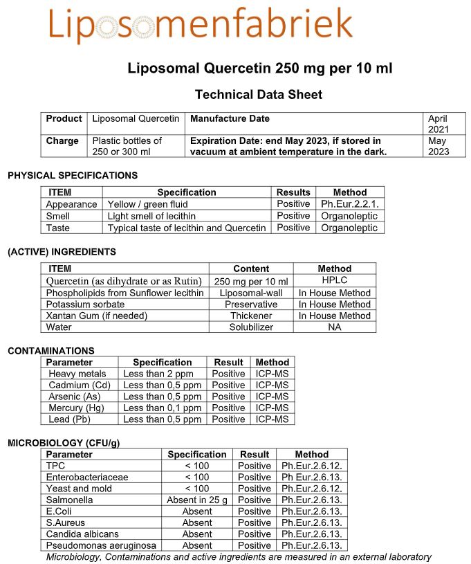 specificatie Nutrins liposomaal quercetine